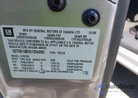 2005 GMC Sierra 1500 Slt из США, поврежденный, VIN 2GTEK19B351254260